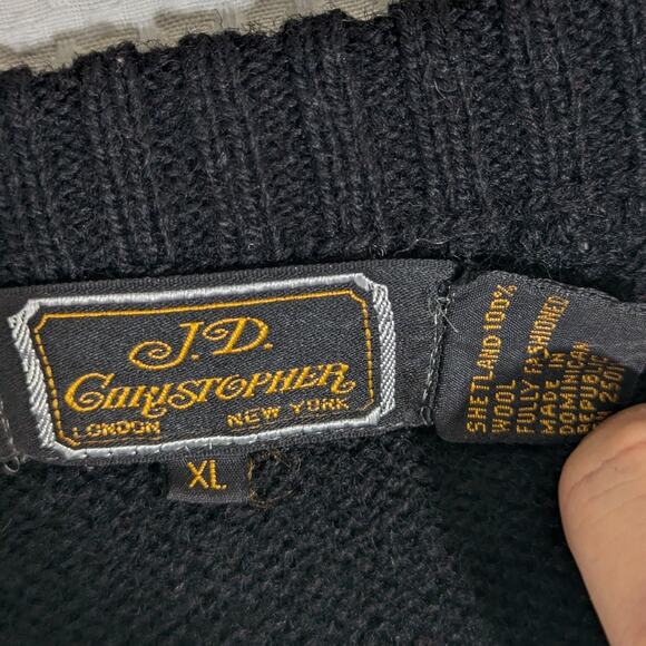 JD Christopher XL Black Wool Sweater Mens Crewneck Vintage Hong Kong Knit Jumper - Picture 2 of 3